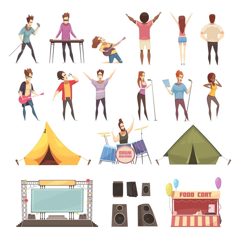 Set of open air festival elements and people vector