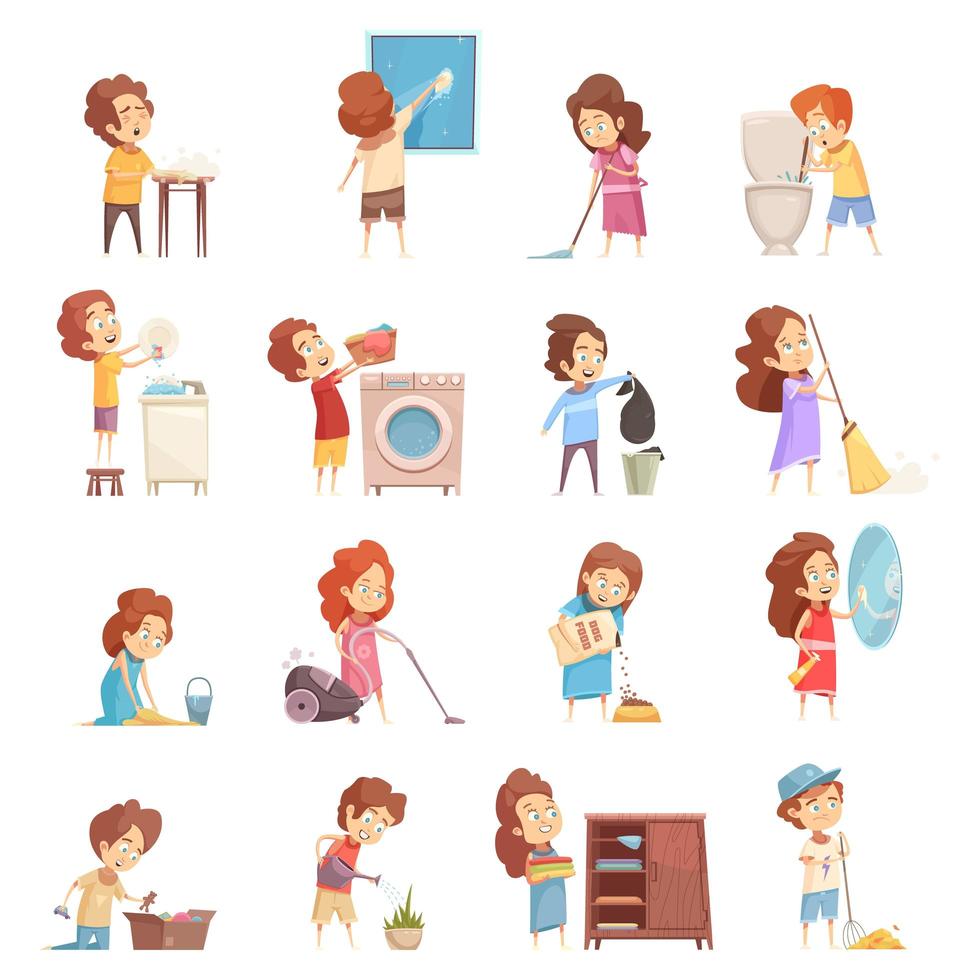 Collection of kids cleaning and doing chores vector