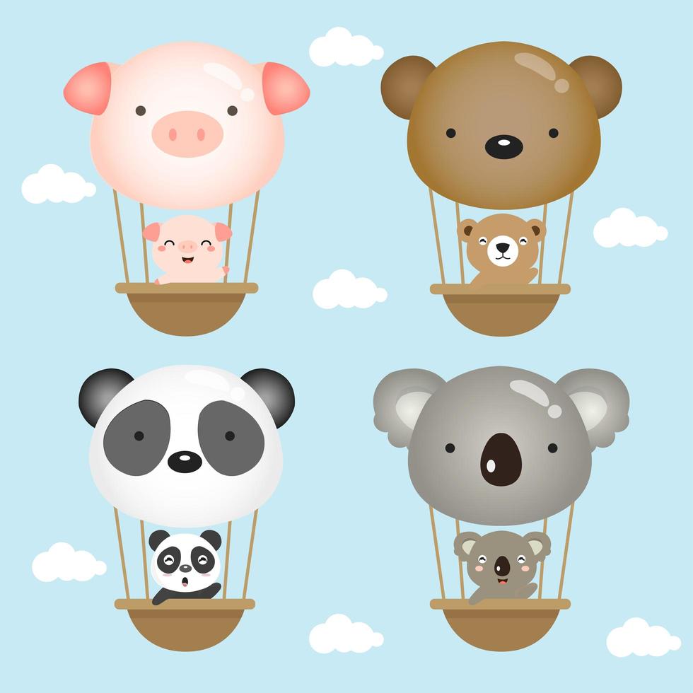 Little animals flying in hot air balloon vector