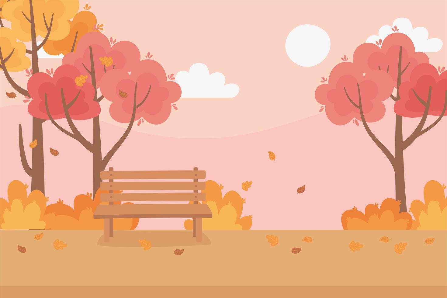 Fall leaves, trees, meadow nature, and park bench  vector