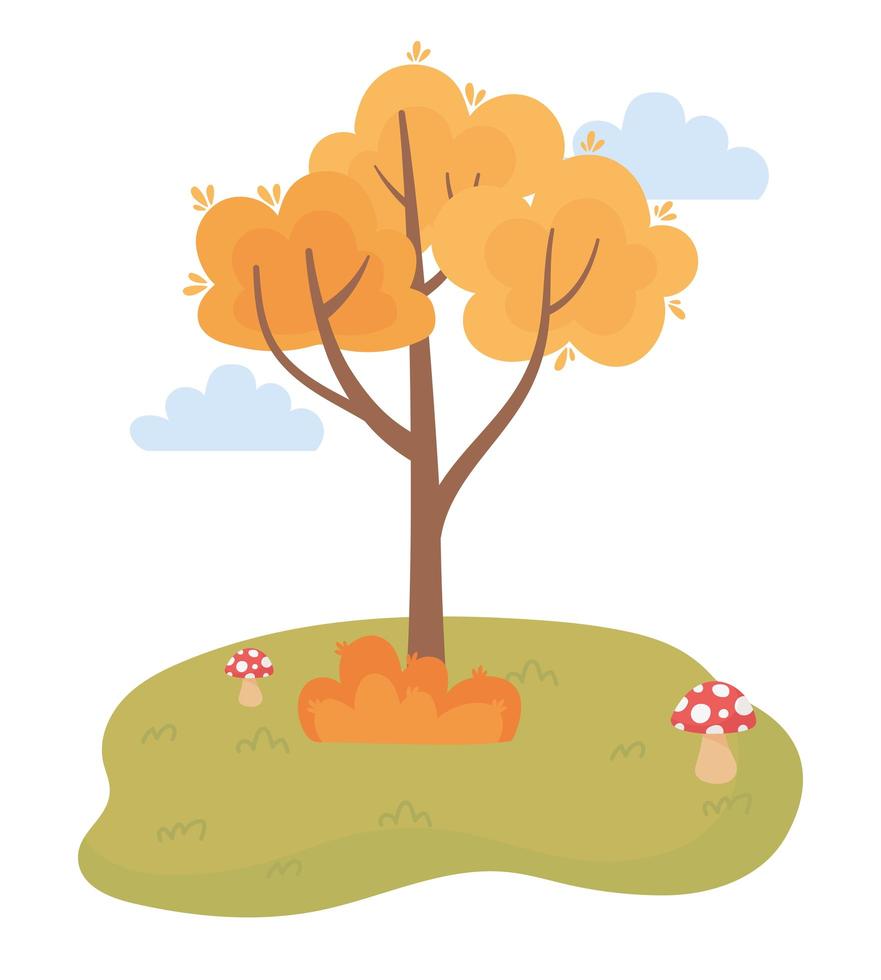 Meadow, tree, mushrooms, and bush cartoon vector