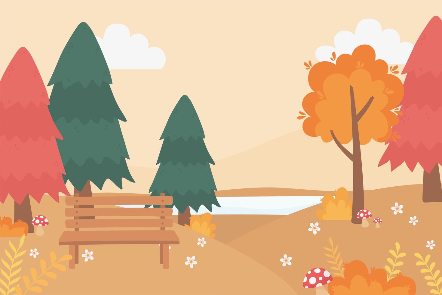 Park bench, mushrooms, flowers, lake and trees vector