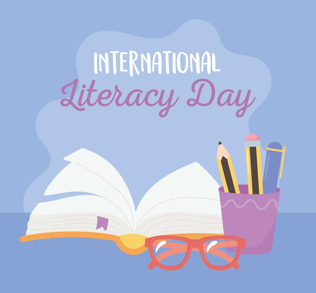 Open book, pencils in cup, and glasses vector