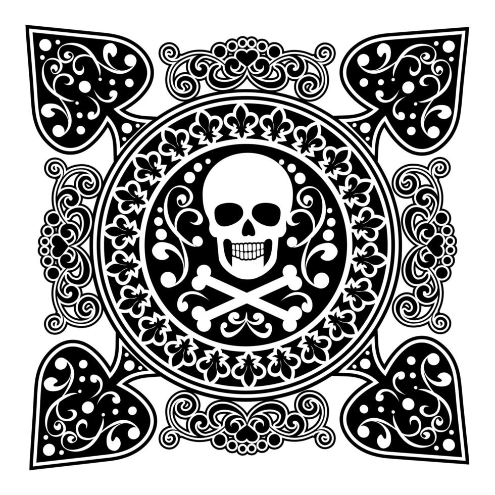 Diseño de espadas con filigrana y calavera pirata. vector