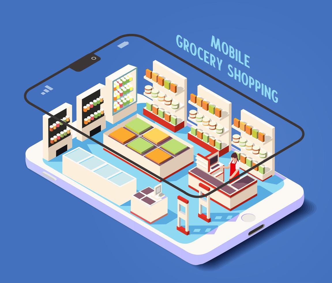 Isometric mobile grocery shopping online store vector