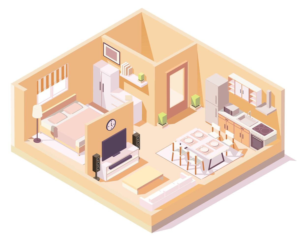 Isometric house with orange walls different rooms composition vector