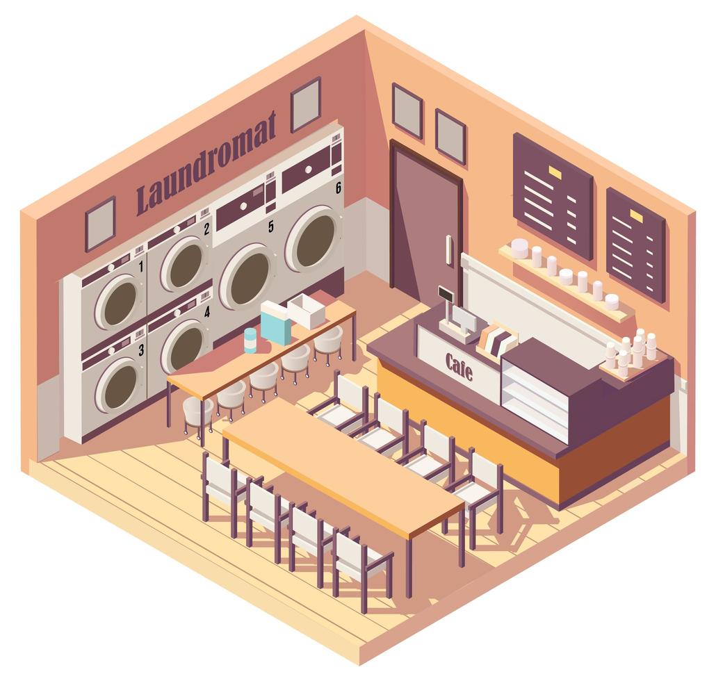 Isometric cute small laundromat and cafe vector