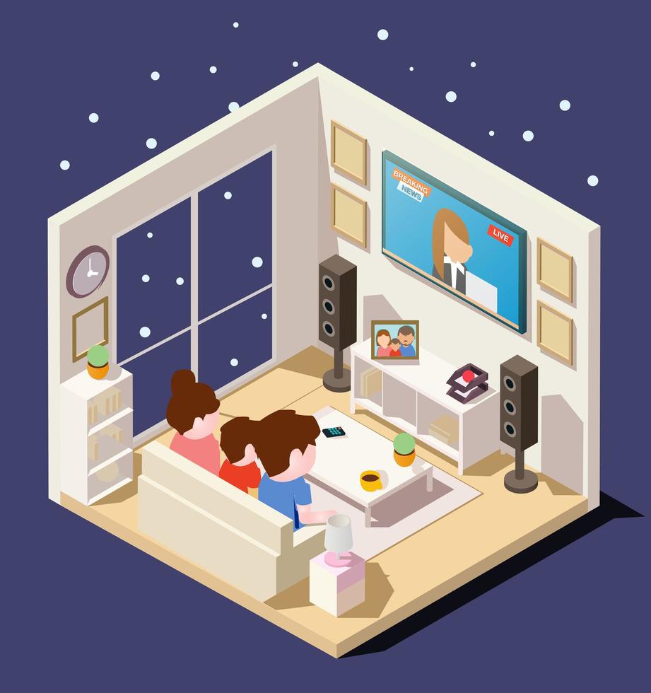 Isometric family watching news in living room vector