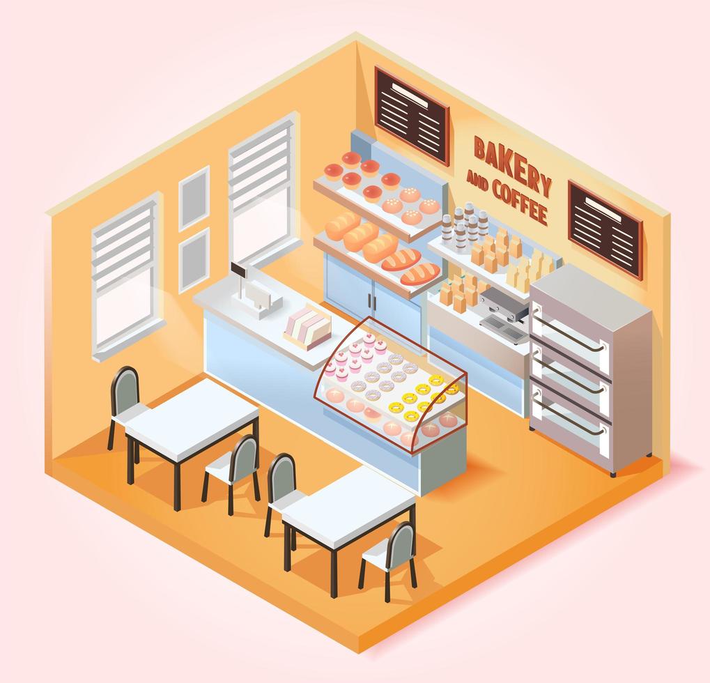 cafetería isométrica y panadería. vector