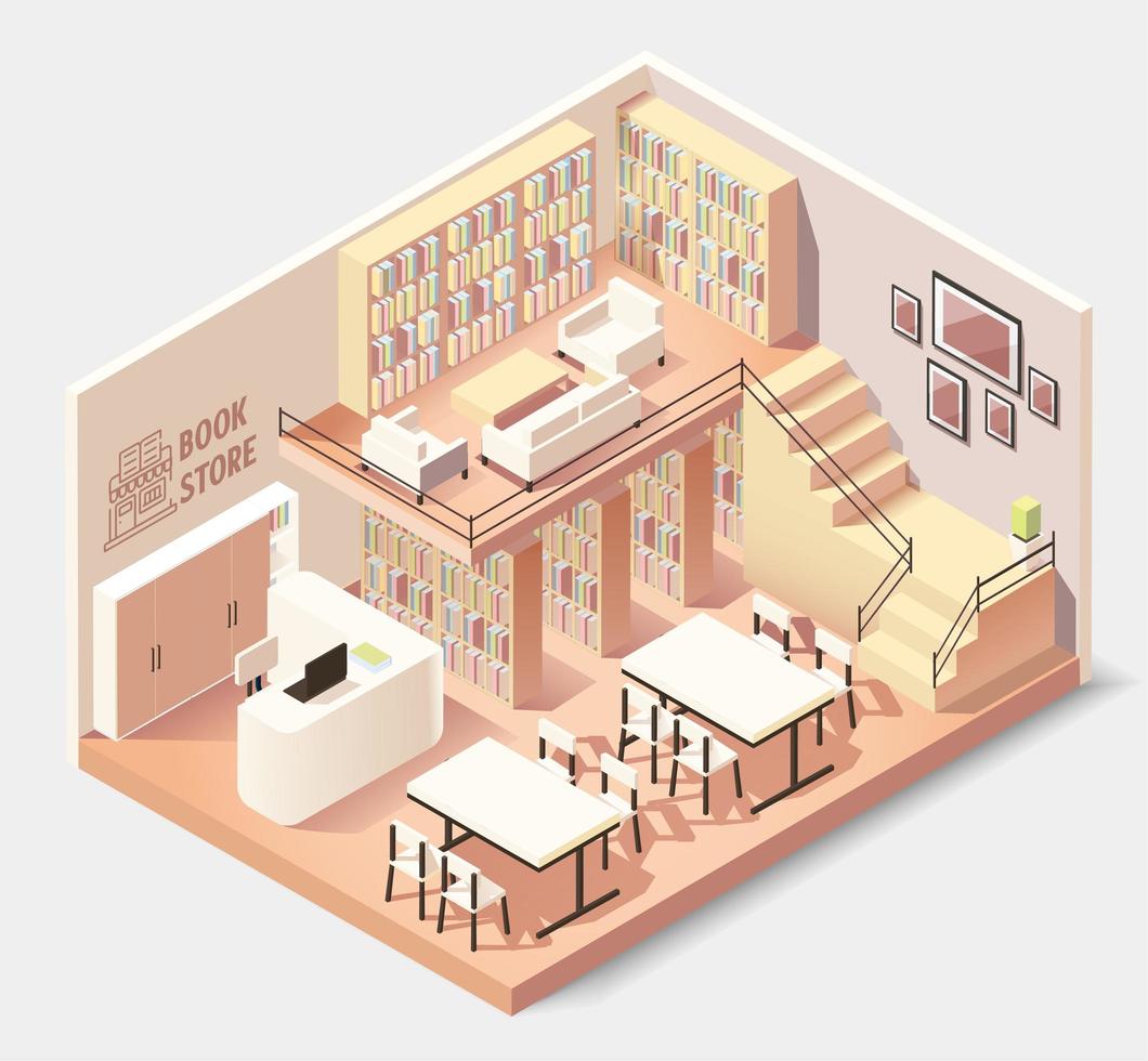 Interior isométrico de librería o biblioteca. vector