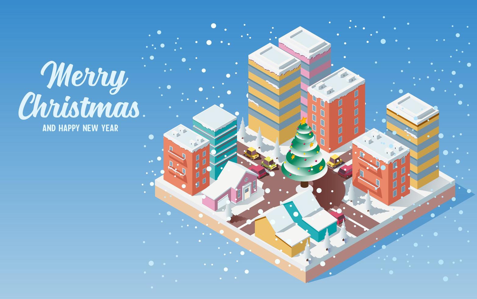 Isometric cute Christmas town with snow falling vector