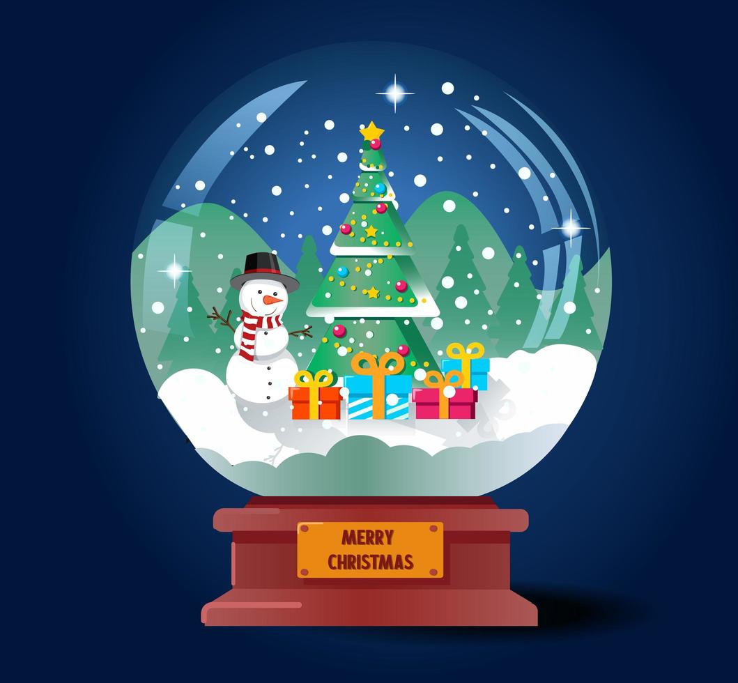 bola de cristal navideña con árbol de navidad y muñeco de nieve vector