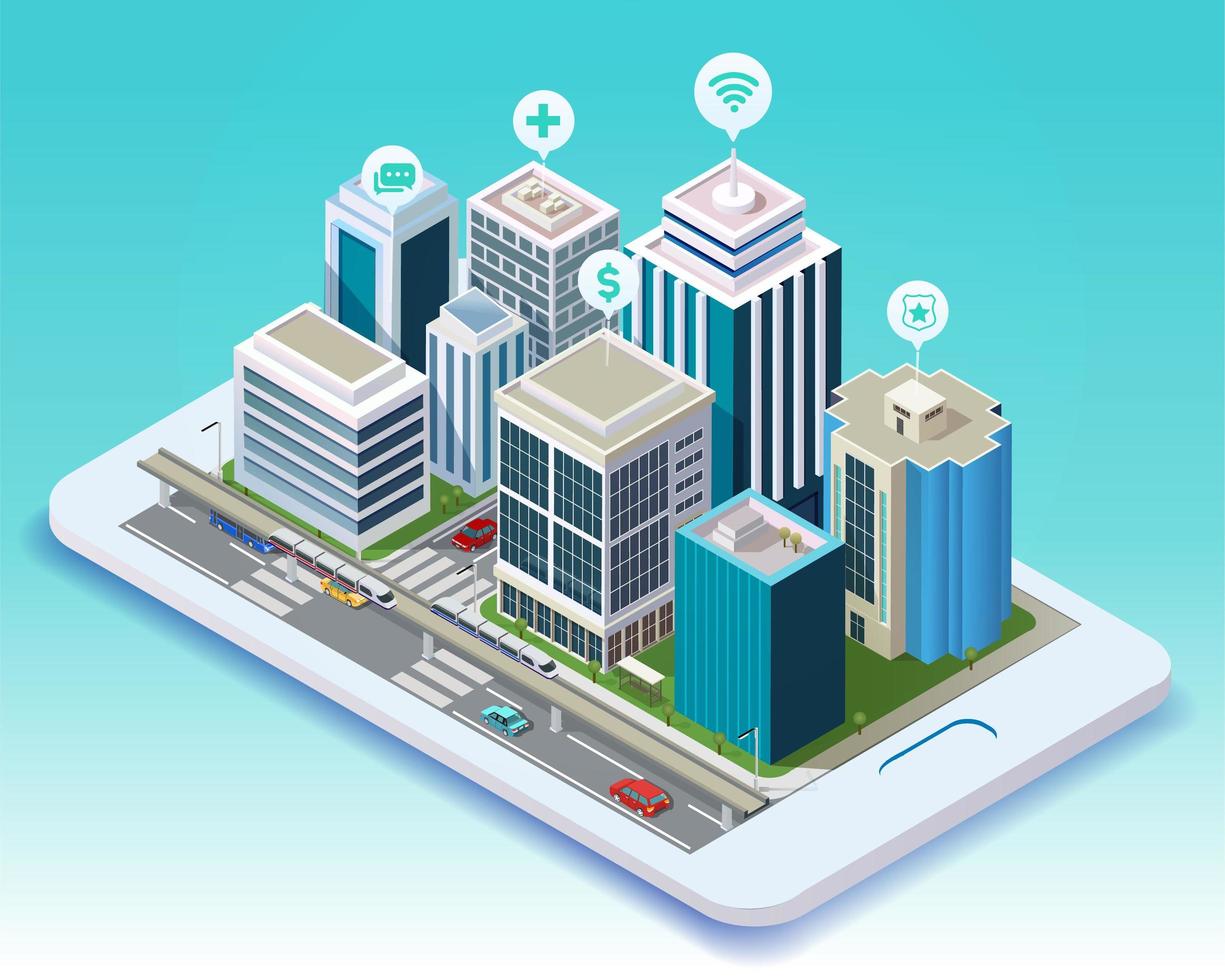 Isometric design of smart city mobile app on tablet vector