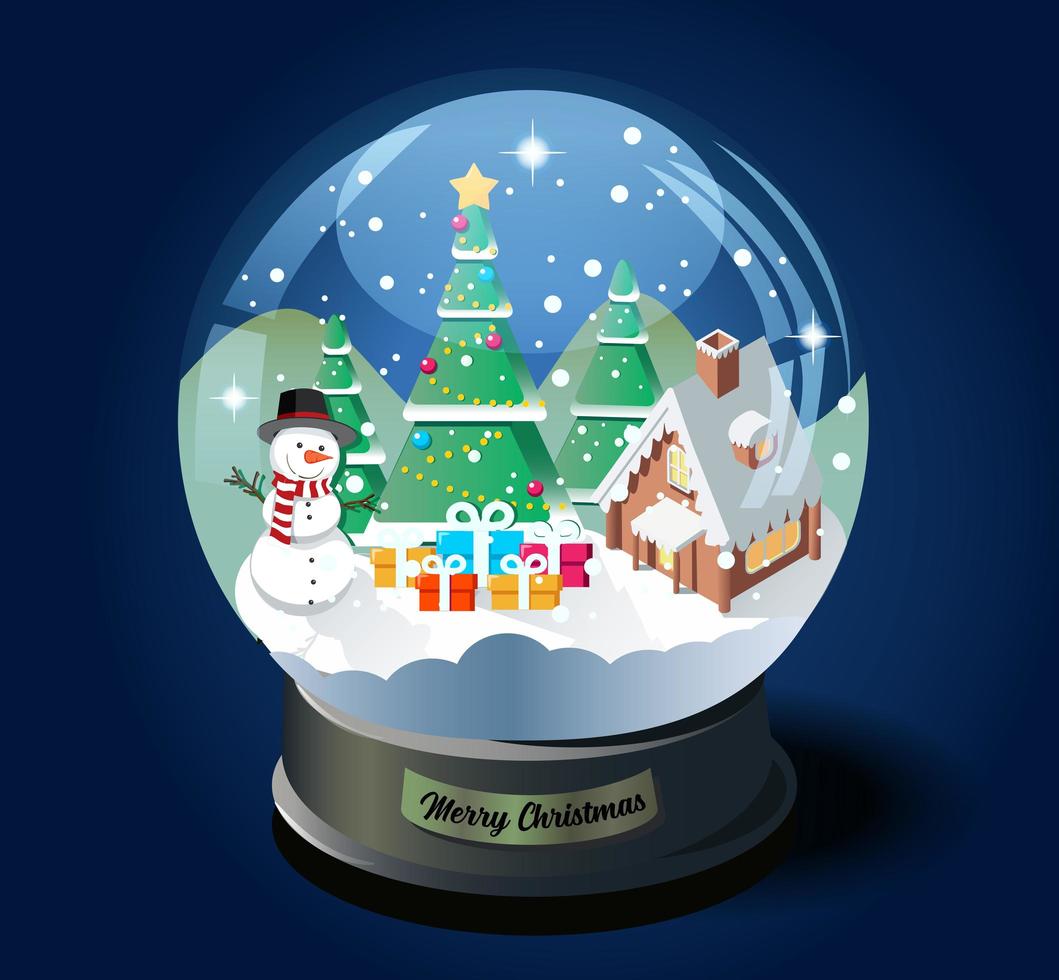 bola de cristal navideña con árbol de navidad, casa y muñeco de nieve vector