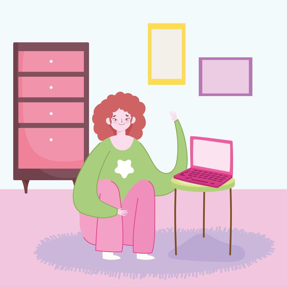 mujer joven, con, computadora portátil, en, mesa, muebles de habitación vector