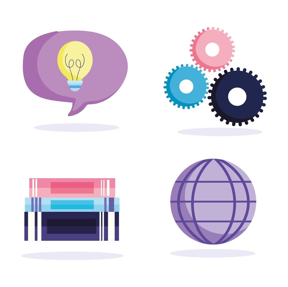 Stack of books, world, creativity, gears icons vector