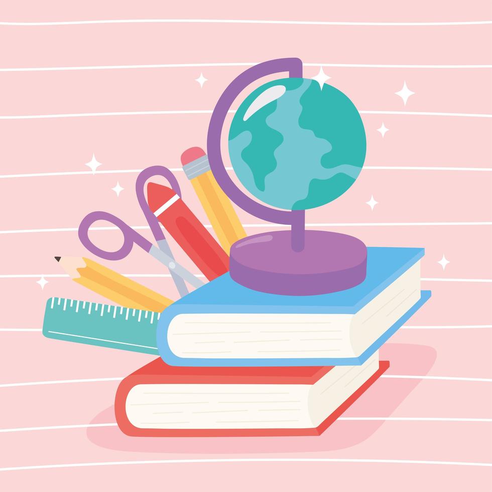 Globe map, books, scissors, crayon, pencil, and ruler vector