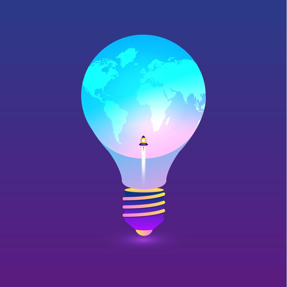 Rocket launching in front of bulb with world map vector