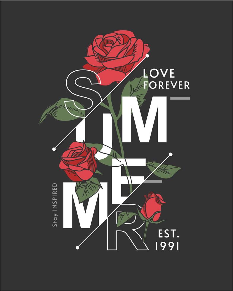 letras de verano con rosas rojas vector