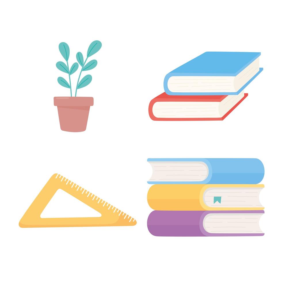 pila de libros, regla triangular e iconos de plantas vector