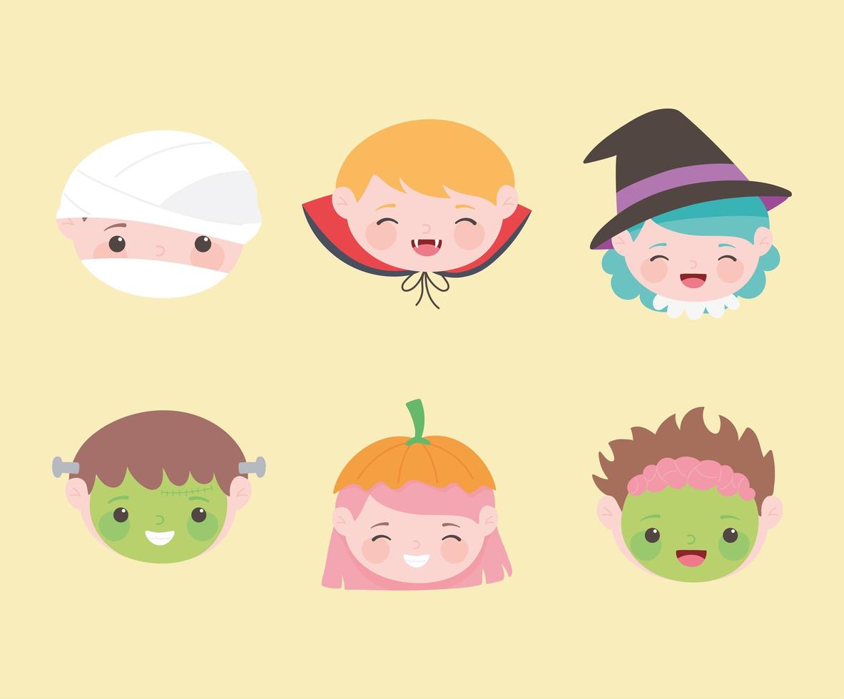 Kids faces with costume characters vector