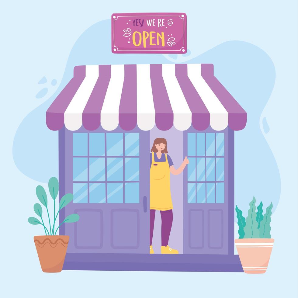 Female employee at store shop front board  vector