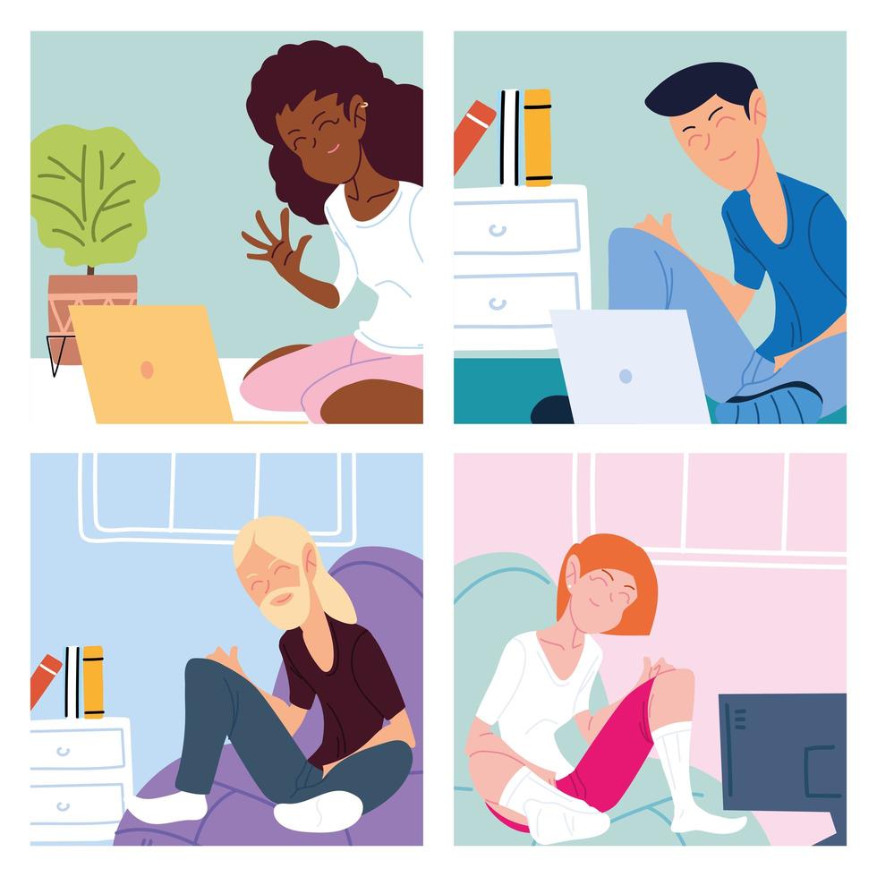 Set of cards with people working from home vector