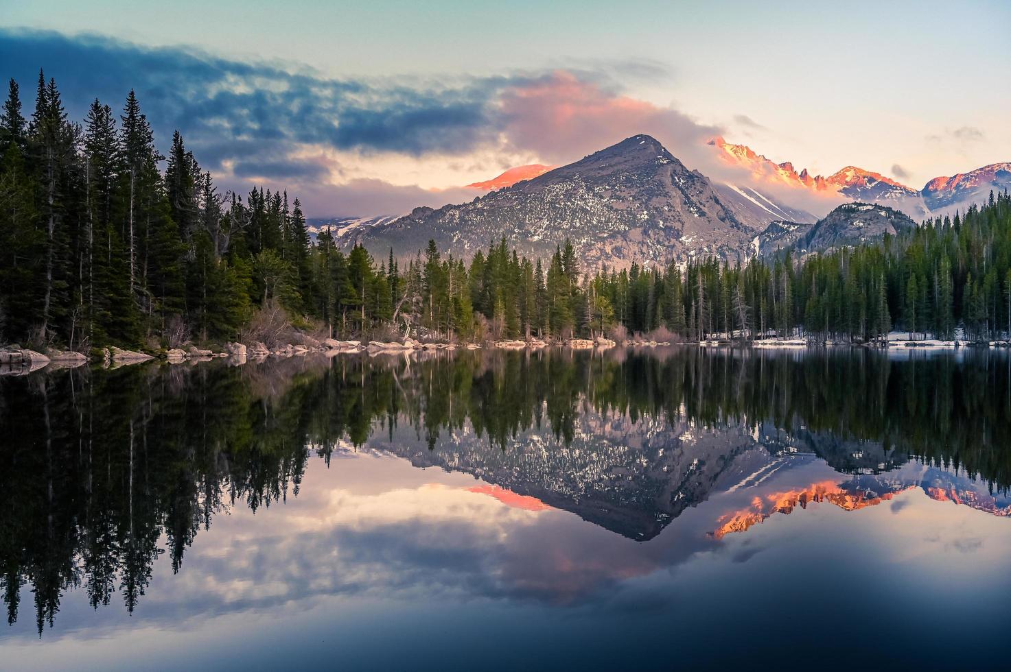 árboles que se reflejan en el lago claro foto