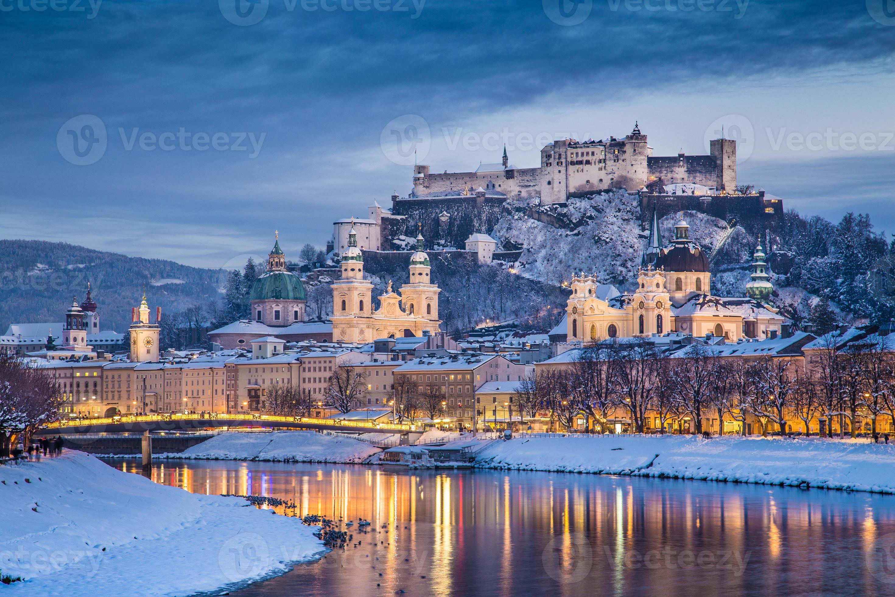 Historic city of Salzburg in winter at dusk, Austria 1401018 Stock