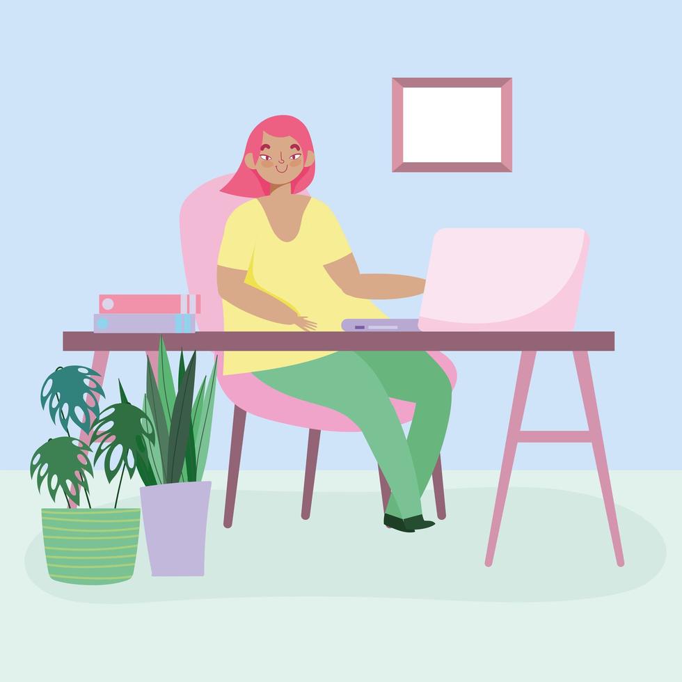 Young woman working remotely from home vector