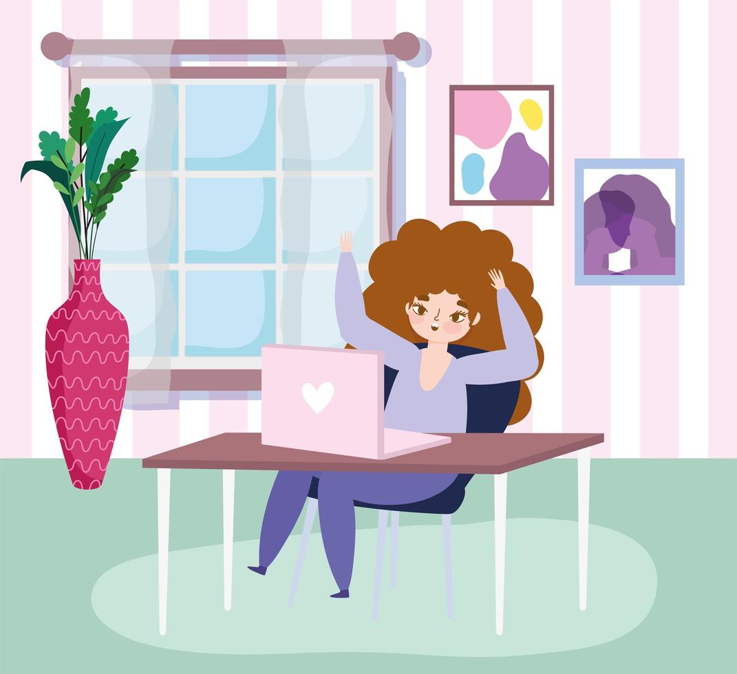 Young woman working remotely from home vector