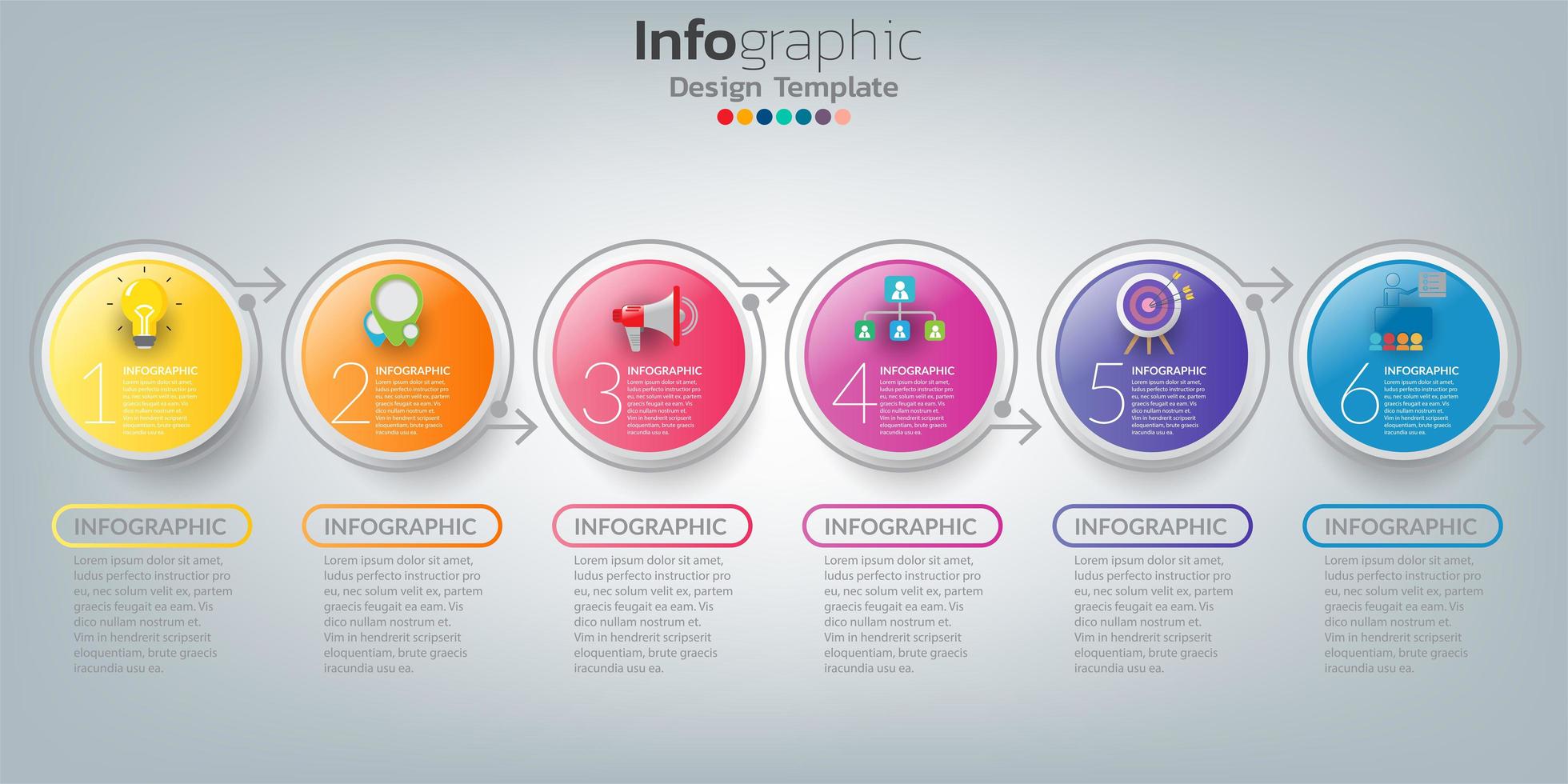 Infographic timeline template with 6 steps colorful circles vector