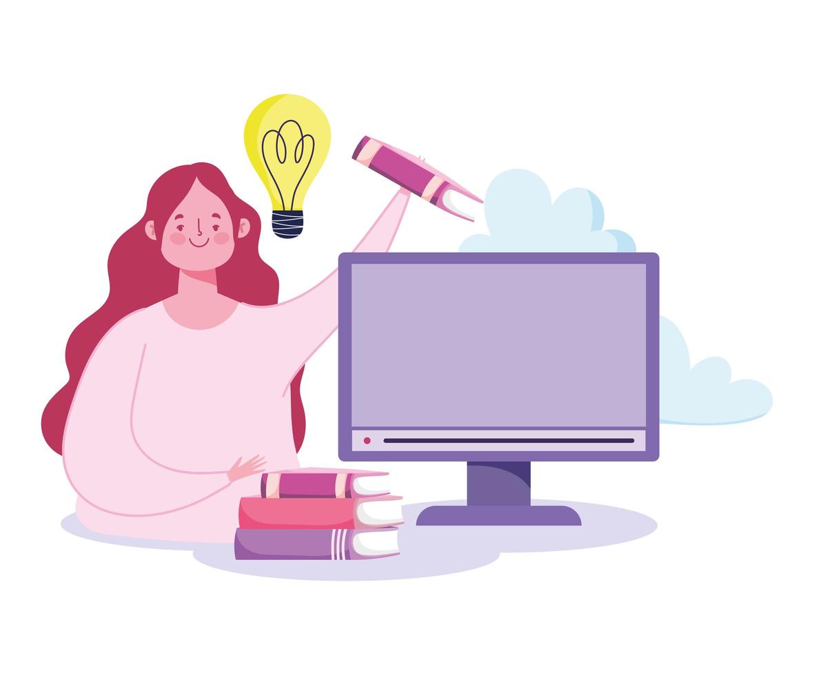 Online education concept with woman and computer vector