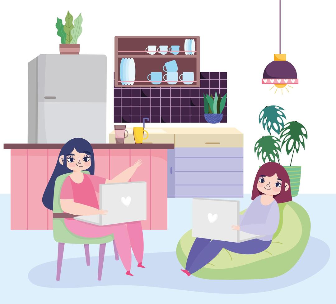 Young women with their laptops indoors vector