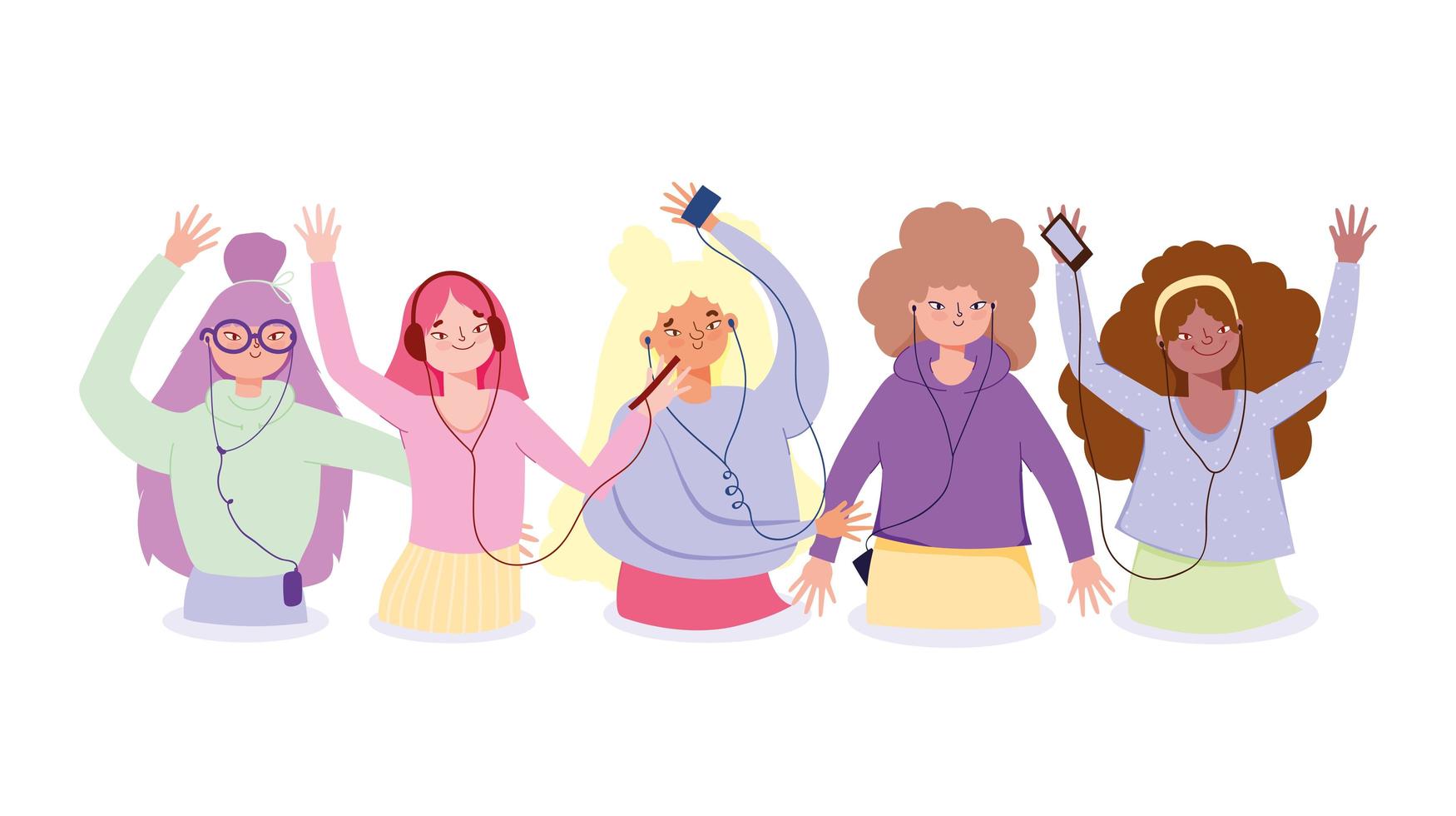 Group of happy girls listening to music vector