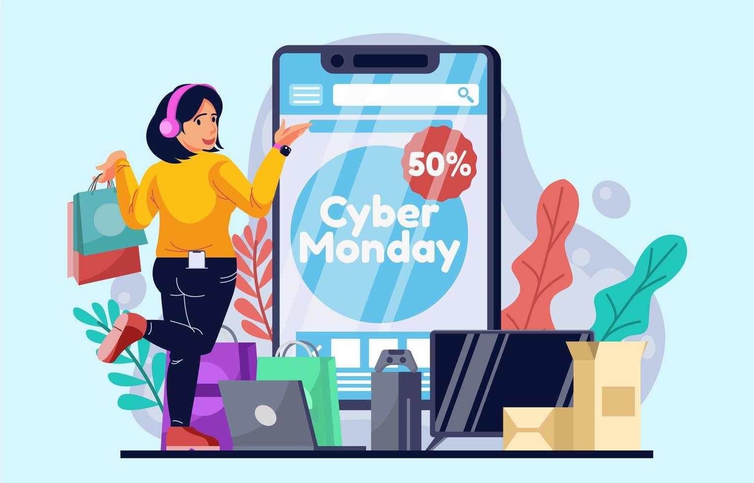 Cyber Monday compras en línea en teléfonos inteligentes. vector