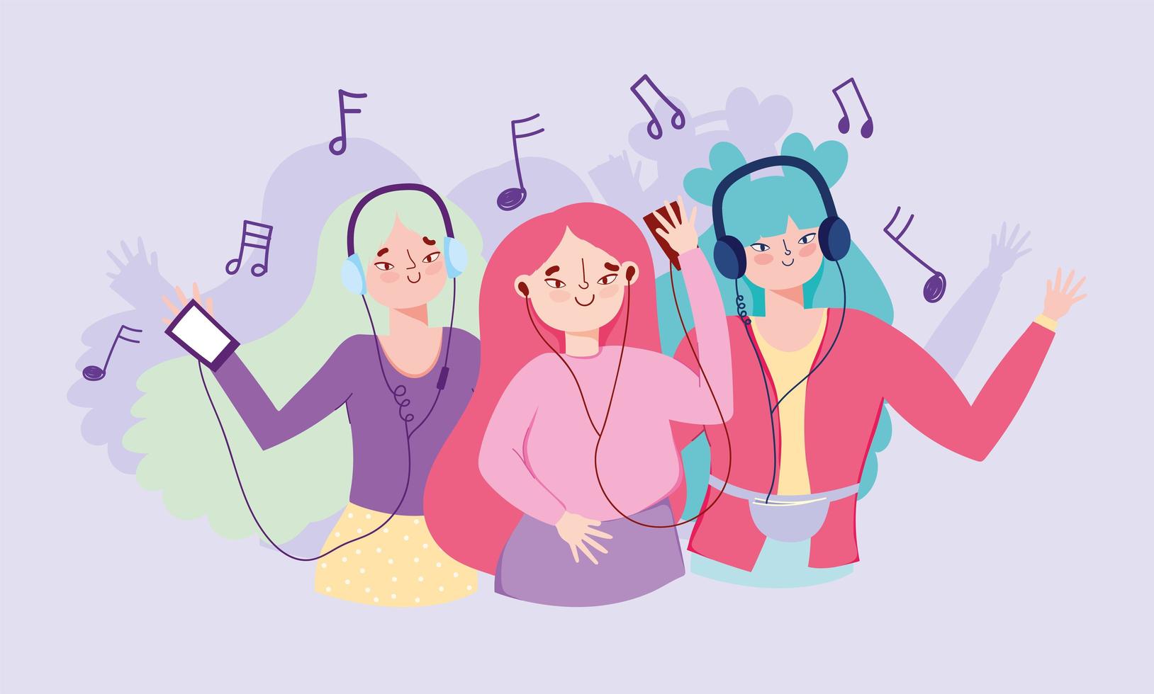 chicas felices escuchando musica vector