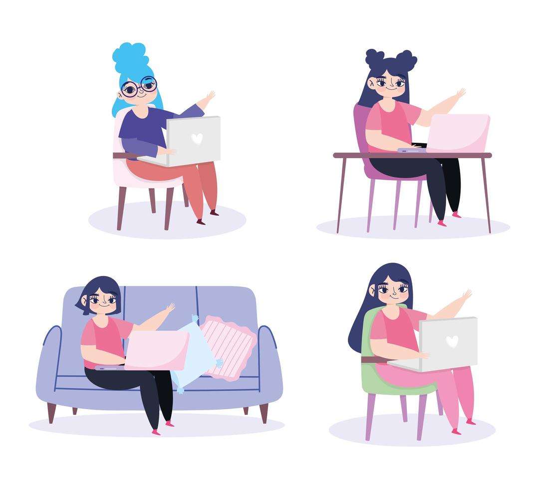 Set of young women working from home vector