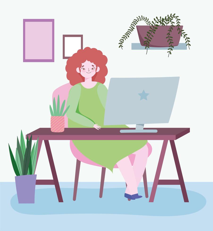 Young woman working remotely from home vector