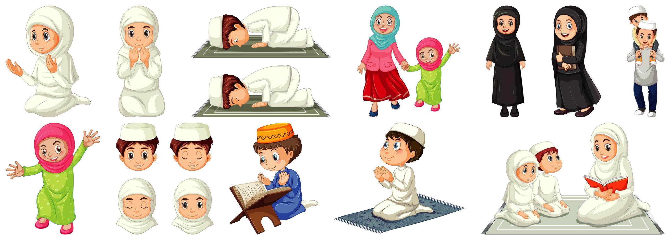 Set of different muslim people cartoon character vector