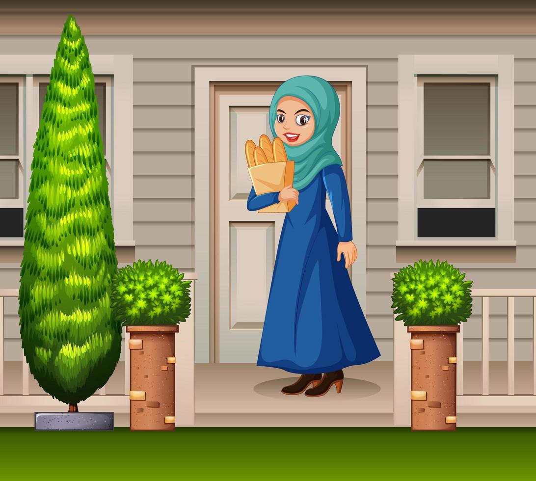 Arabian woman in front of the house vector