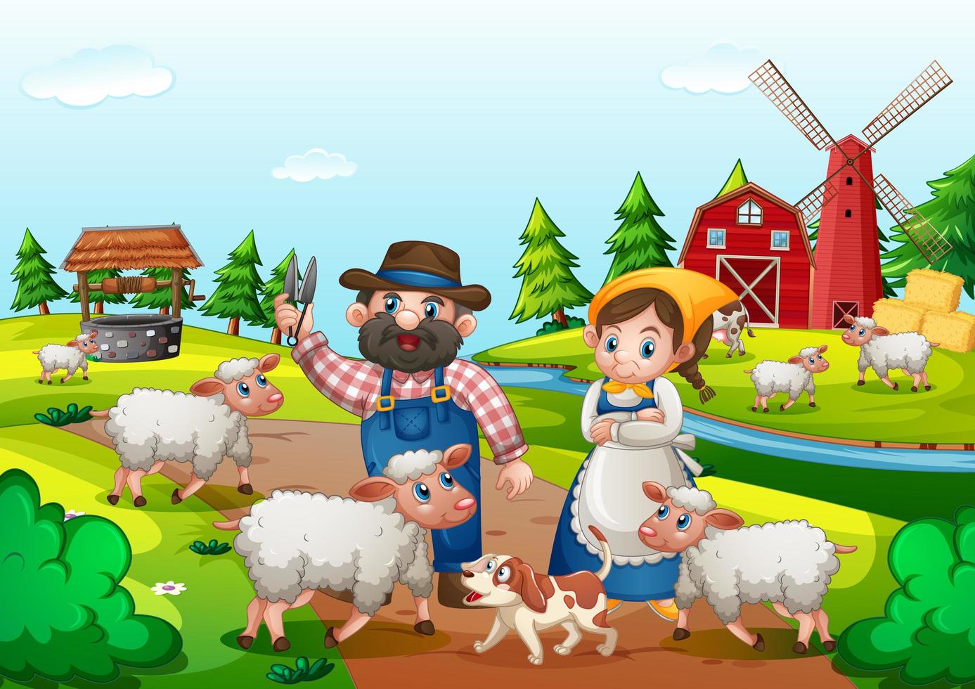 Farm with red barn and windmill scene vector