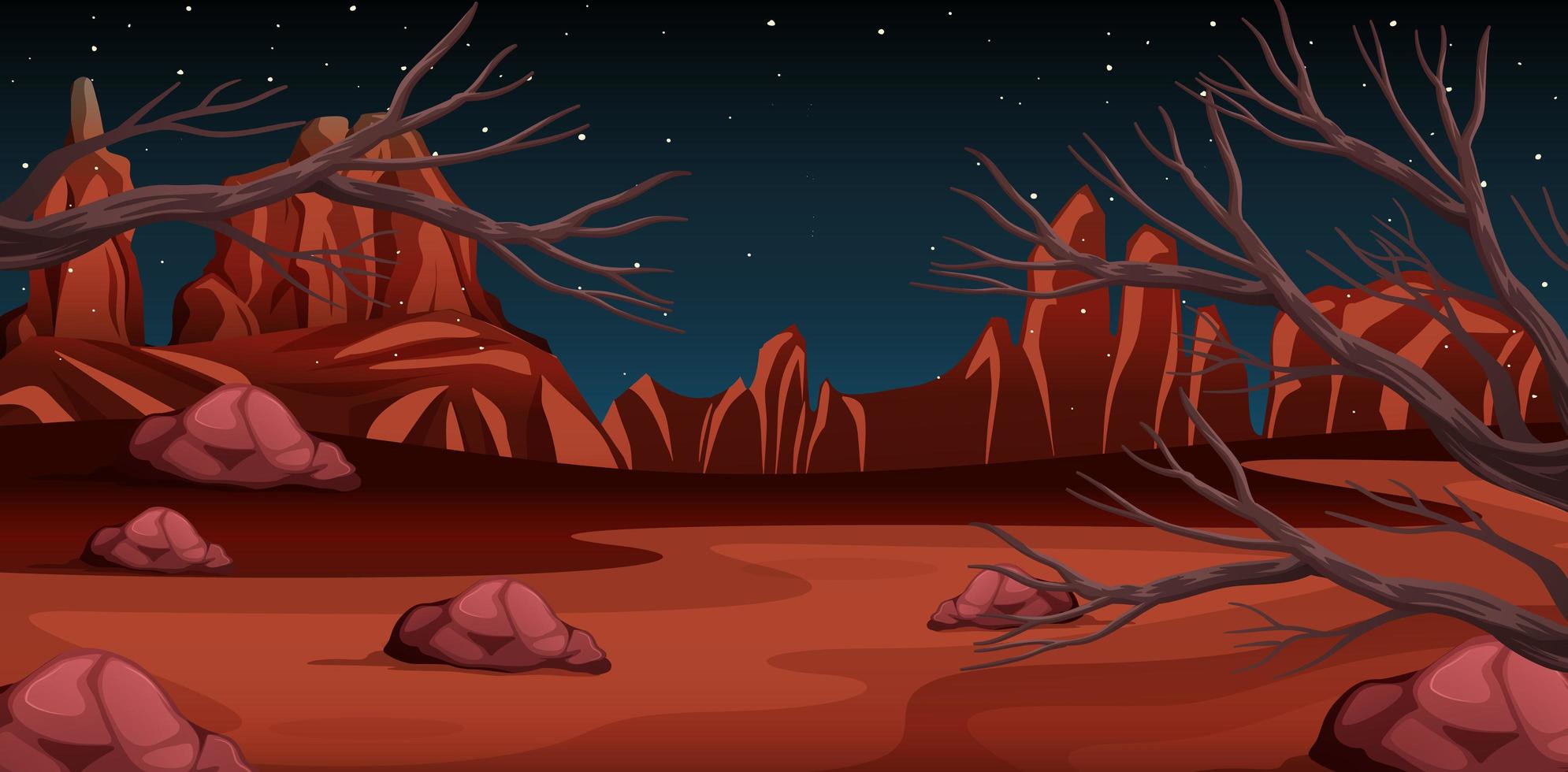 desierto con paisaje de montañas rocosas en la escena nocturna vector