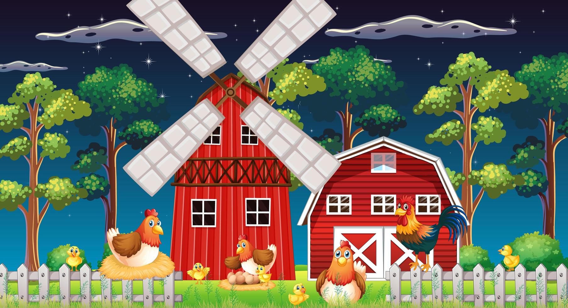 Farm scene with barn and windmill and chicken at night vector