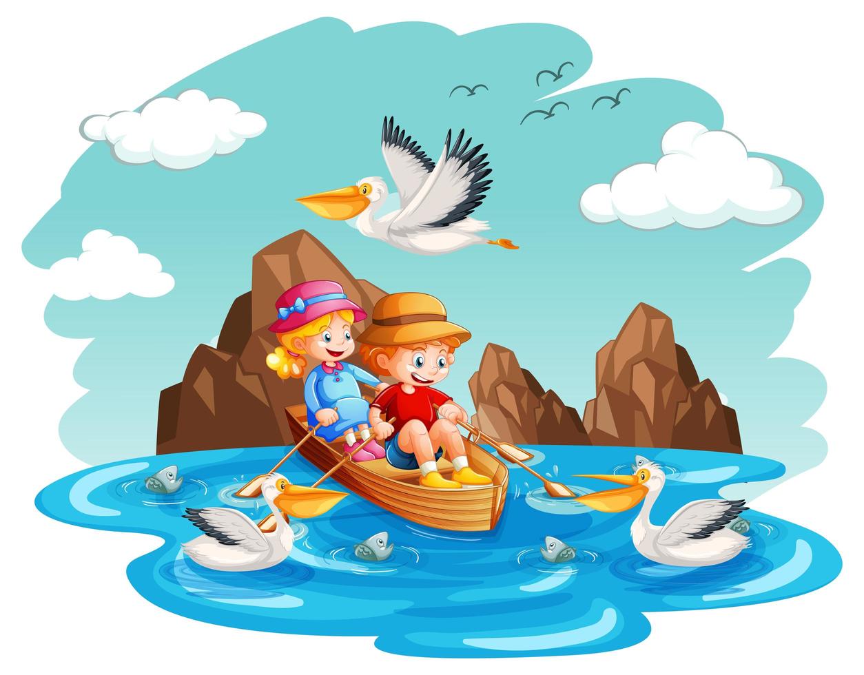 Children row the boat in the stream on white background vector