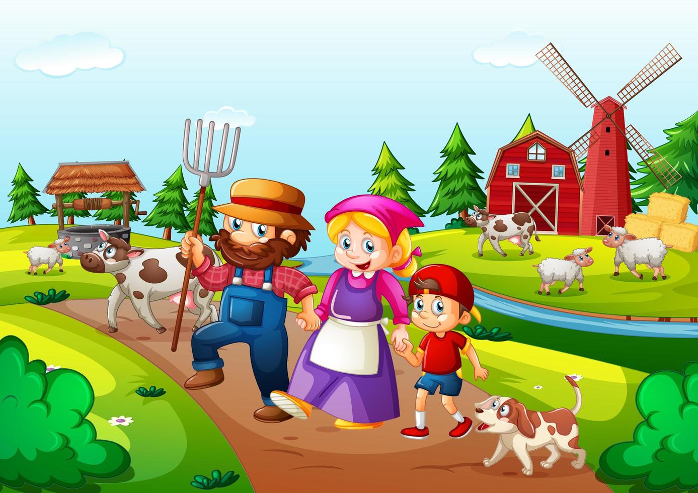 Farm with red barn and windmill scene vector