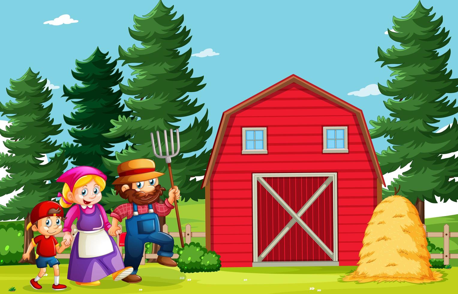 Happy family in farm scene in cartoon style vector