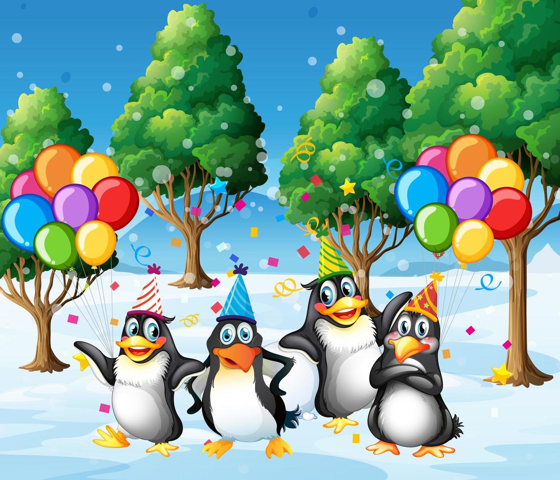 Penguins group in party theme cartoon character on forest background vector