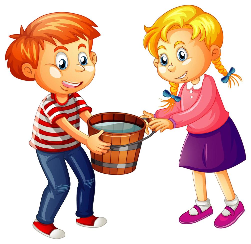 Niño y niña sosteniendo un balde de madera lleno de agua sobre fondo blanco. vector