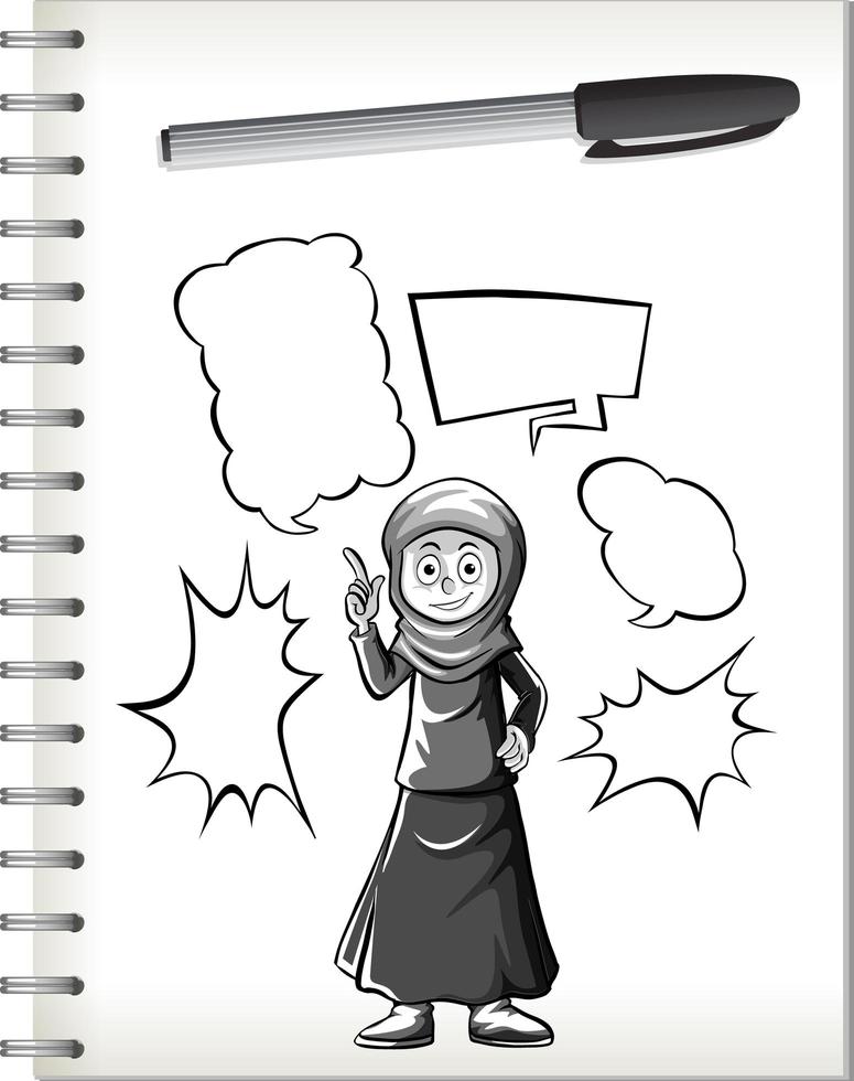 Muslim girl thinking with shape doodle on notebook on white background vector